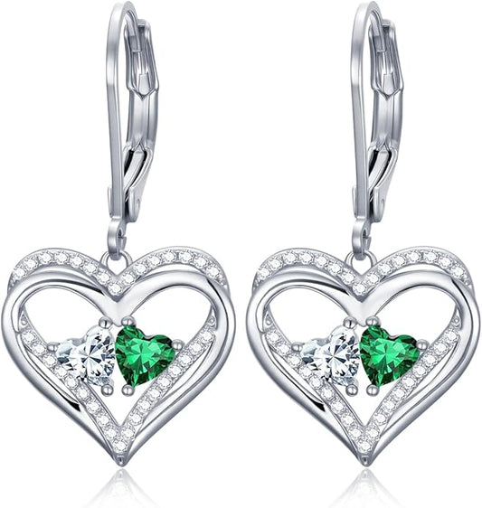 Valentines Day Gifts for Women, Heart Leverback Earrings Double Birthstone Dangle Earrings for Women, Love Jewelry for Her, Anniversary Birthday Gift for Mom Wife Girlfriend