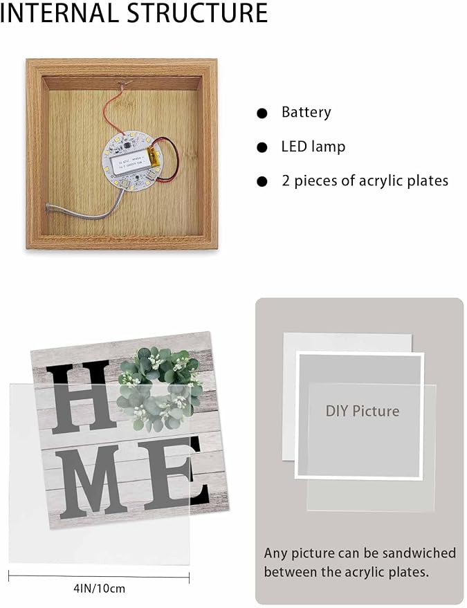 Wood Night Light Box 4.5x4.5in,Home Green Eucalyptus Wreath Table Lights Wooden Picture Frame with USB Rechargeable Touch LED Lights for Home Decor Desktop Display,Farm Vintage Wood Board