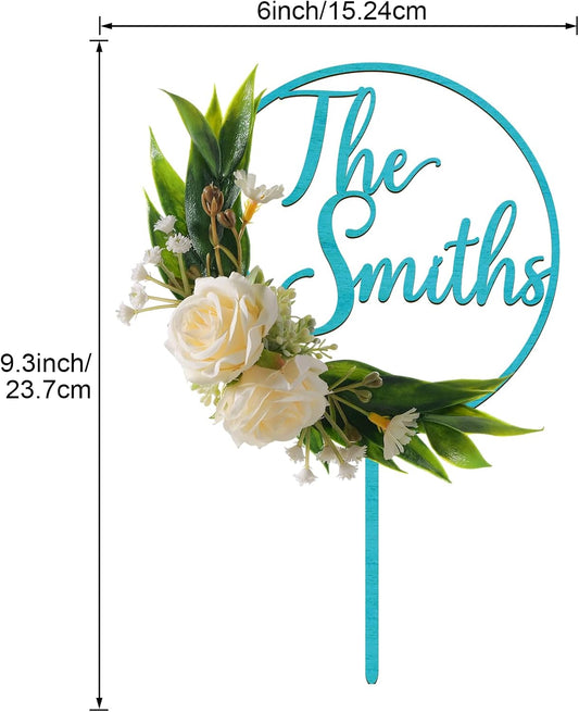 3D Flowers Wedding Cake Topper Custom Last Name Wedding Cake Decoration in Wood with 3D Artificial Roses (Turquoise)