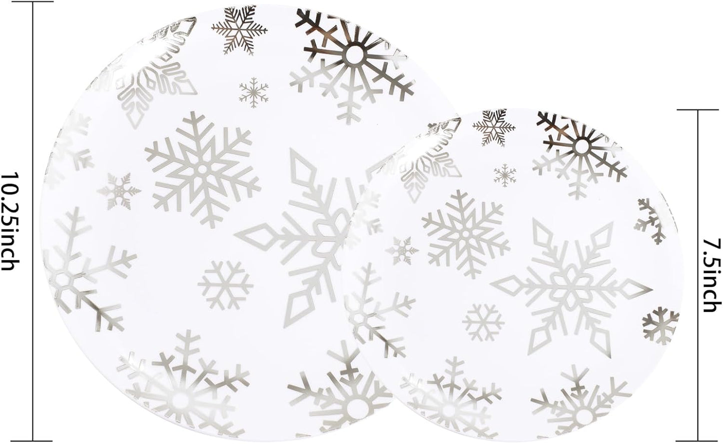 WDF 50 Pieces Plastic Christmas Plates - White and Silver Plates with Snowflake include 25 Dinner Plates, 25 Salad Plates - Disposable Silver Plastic Plates for Christmas Party, Winter