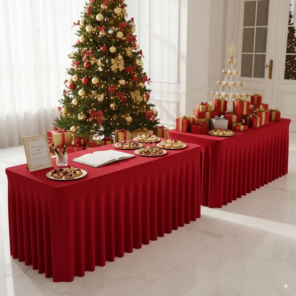 HolidayIdeas Spandex Tablecloth 4 Pack Red Fitted Stretch Table Skirts 30x72 Inch for Christmas Decorations, Wrinkle-Free Floor Length Tablecloths for 6ft Table, Parties, Banquets Events
