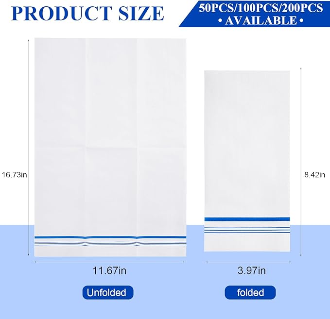 50 Disposable Paper Hand Towels for Bathroom, Decorative Linen Feel Guest Towels, Soft and Absorbent Paper Towels Napkins Bulk for Home Dinner Kitchen Wedding, 12" x 17"(Blue Trim Lined)
