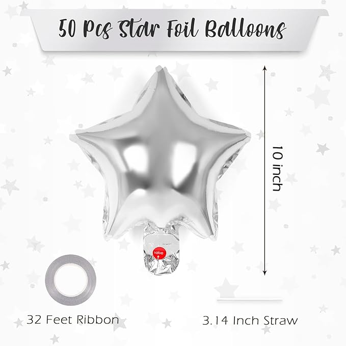 50 Pcs Star Balloons,10 Inch Star Foil Balloons,Stars Shaped Balloon Mylar Helium Balloon for Birthday Party Anniversary Wedding Baby Shower Decorations (10inch-silver)