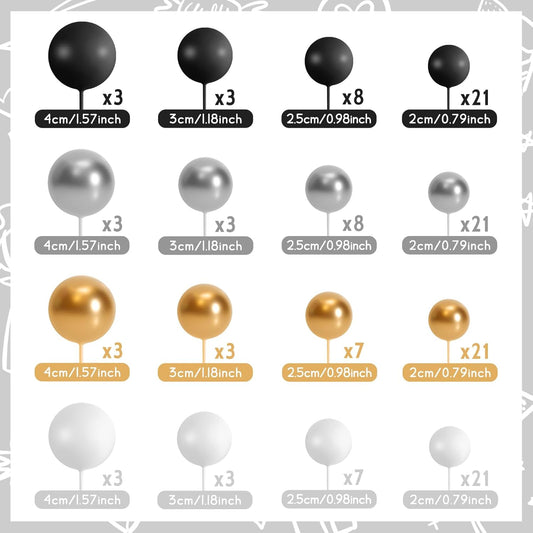 138 Pcs Black and Gold Balls Cake Topper Graduation Cake Decorations Balloon Cupcake Toppers Multisize Foam Cake Balls Decorations for Birthday Party Wedding Anniversary