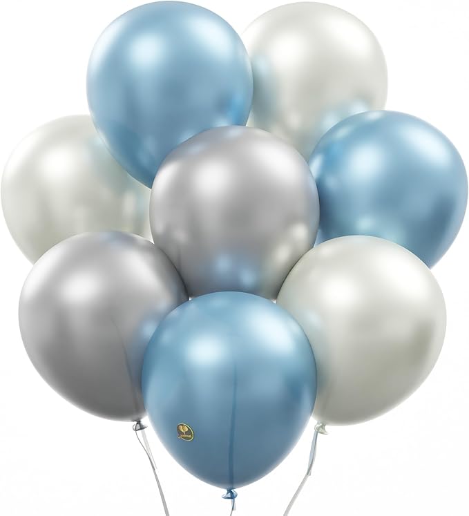 AFTERLOON® Biodegradable Balloons Pearlized White/Silver/Blue 12 Inch Pearl Color 100 Pack, Pearlescent Thickened Extra Strong Latex Helium Float, for Gender Wedding Birthday Party Decorations
