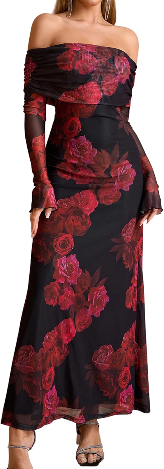 KUTUMAI Women Off Shoulder Bodycon Maxi Dress Long Sleeve Mesh Ruched Party Formal Wedding Guest Dresses