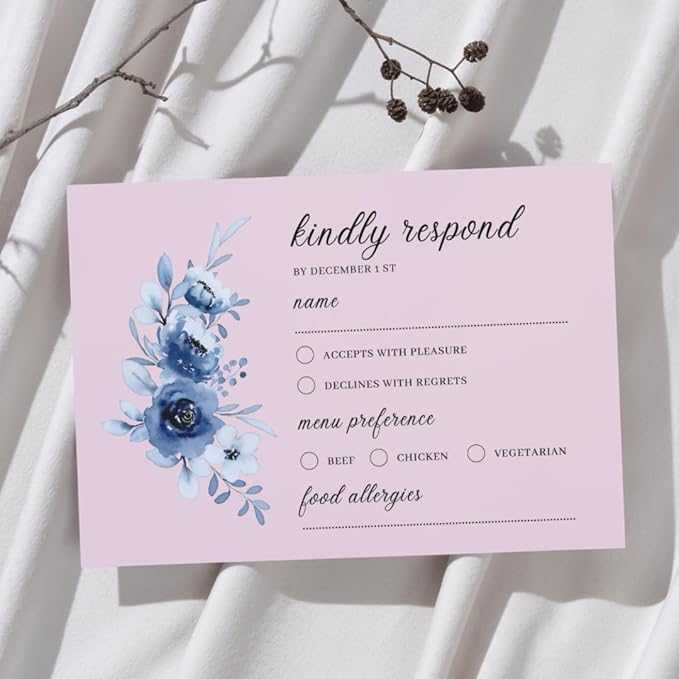 crafty-bell Glossy Finish Personalized Wedding RSVP Response Cards with White Envelopes, Blue Floral Design, 15 Count Respond Cards in Glossy Finish (Pink)