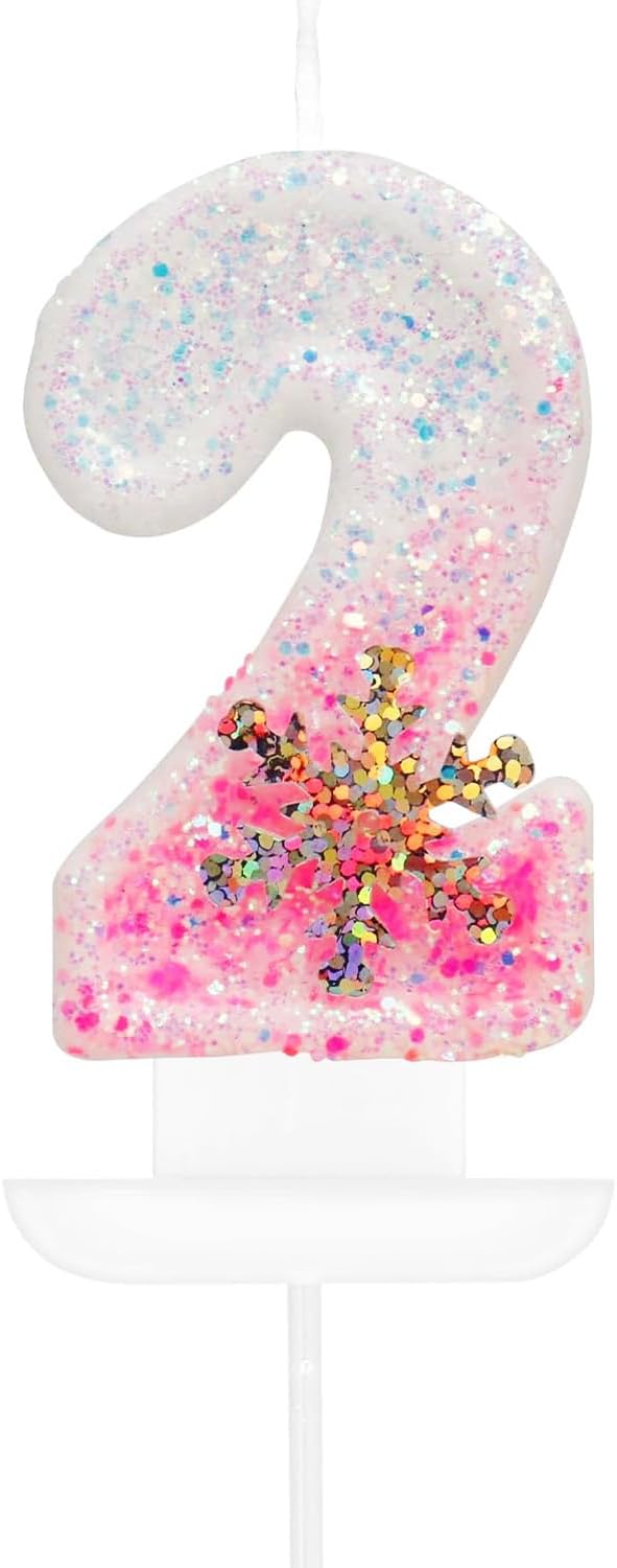 Snow Themed Birthday Candles, Pink 2nd Birthday Candle for Party Decorations, Winter Birthday Party Supplies, Winter Onederland 2nd Birthday Party Decorations, Number 2 Cake Topper Decoration