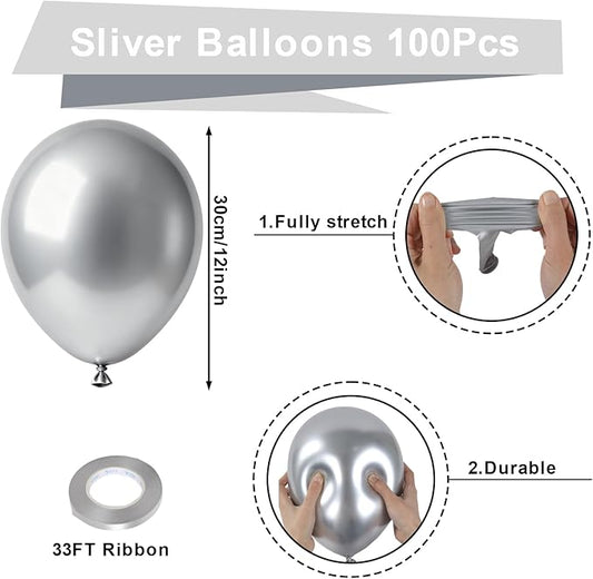 Patimate Metallic Silver Balloons 100 Pack 12 Inch Silver Chrome Latex Balloons for Birthday Wedding Anniversary Engagement Graduation Baby Shower Bridal Shower Retirement Party Decorations