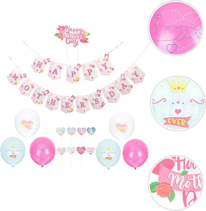 LOGOFUN Mothers Day Party Decorations Kit with Balloons Banners Cake Toppers for Festive Scene Setup and Celebration Supplies