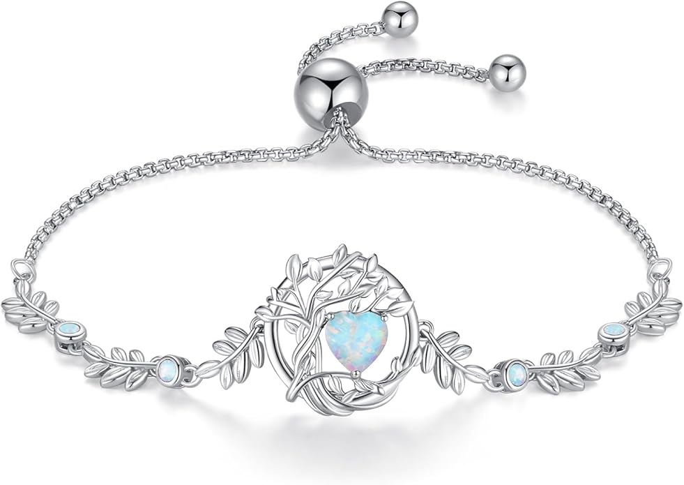 FANCIME Valentines Day Gift Tree of life Birthstone Bracelet for Women Sterling Silver Tree Jewelry Birthstone Charm Bracelet Gemstone Anniversary Birthday Gifts for Wife Mom Her