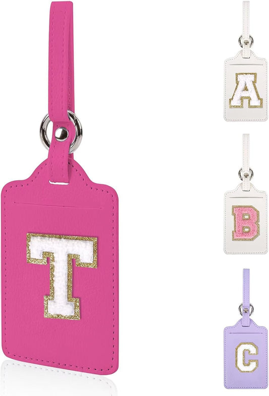 Personalized Initial Luggage Tags for Suitcases, Leather Chenille Letter Cute Luggage Tags with Privacy Name Card, Embroidered Travel Bag Backpack Tags Gifts for Women Kids Girls Teens(Rosered-T