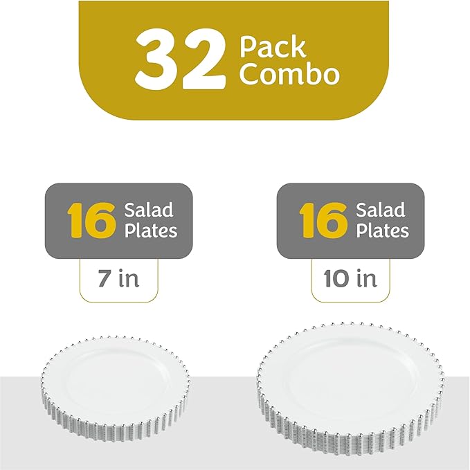 PLASTICPRO 32 Piece Combo Plastic Dinner Plates Disposable Plastic Fancy Heavy Duty Party Dishes 7 inch and 10 inch, White and Silver Beaded