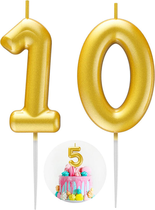Gold Number 10 Candle Happy Birthday 3D Number Candles for Birthday Cake Party Decoration Wedding Anniversary Celebration Supplies