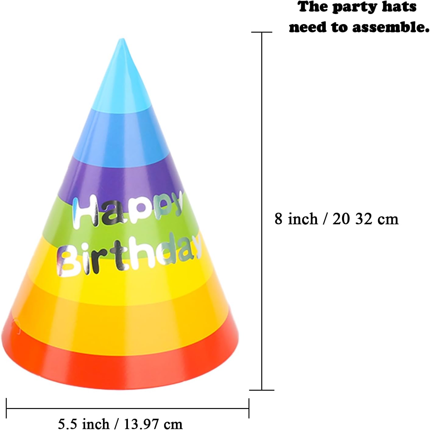 Rainbow Cone Party Hats for Kids & Adults - 12 Pack, 8 inch - Perfect for Birthday Parties & Classroom Decorations