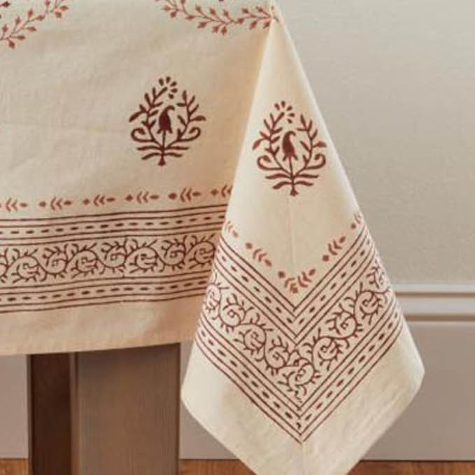 Block Print Cotton Dining Table Cloth, 90" x 60", Rectangle Tablecloth, Decorative Fabric Table Cover, Holidays, Thanksgiving, Christmas, Weddings, Housewarming Gift (Beige Brown Henna)