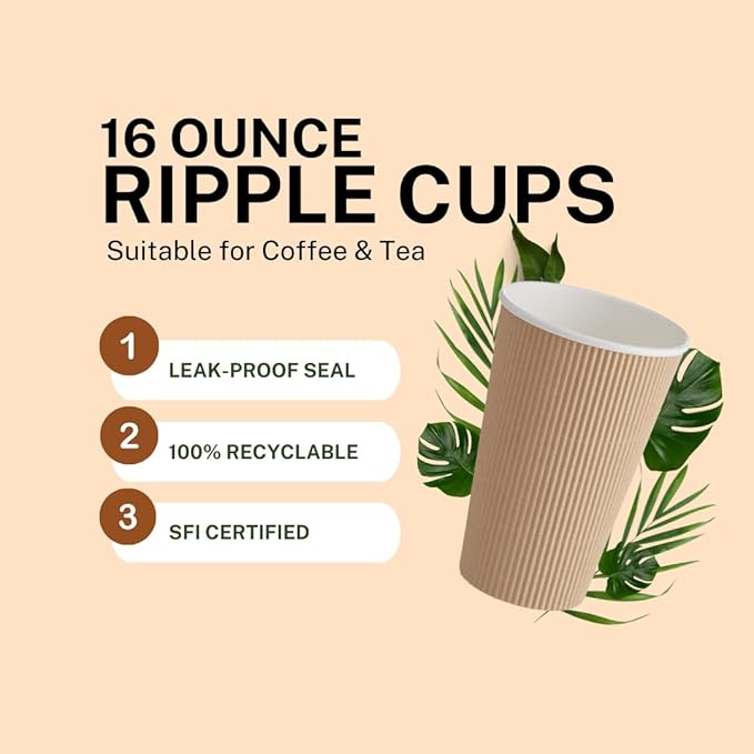 Ripple Paper Cups 16 oz 500 Pack for Coffee & Tea Made in USA | Bulk 500 Count for Home, Office, Restaurants & Coffee Shops | Recyclable, Insulated, & Disposable 16 Ounce To-Go Cups for Hot Beverages