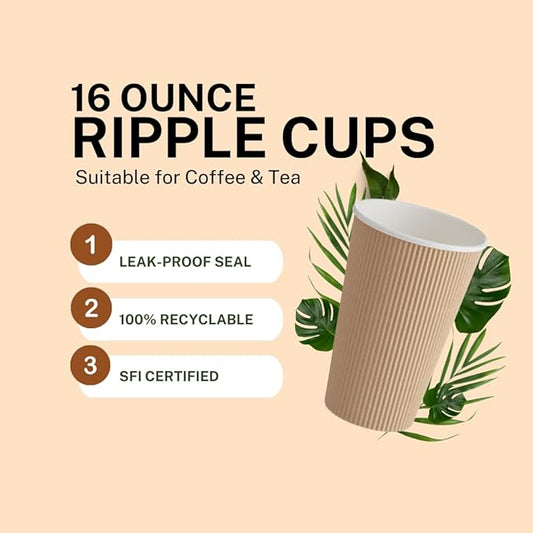 Ripple Paper Cups 16 oz 500 Pack for Coffee & Tea Made in USA | Bulk 500 Count for Home, Office, Restaurants & Coffee Shops | Recyclable, Insulated, & Disposable 16 Ounce To-Go Cups for Hot Beverages