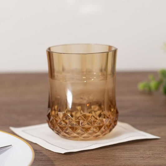 Efavormart 6 Pack Amber Gold Crystal Cut Plastic Stemless Wine Glasses, 8oz Shatterproof Reusable All-Purpose Whiskey Cups