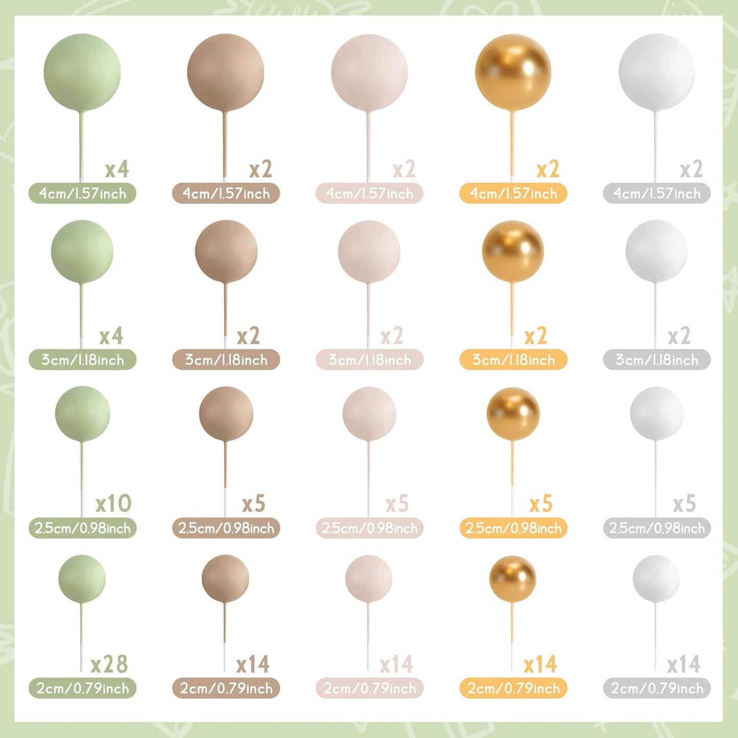138 Pcs Balls Cake Topper Decorations Balloon Cupcake Toppers Foam Multisize Cake Topper Balls for Birthday Party Wedding Anniversary(Assorted Brown,Matcha Green,Khaki)