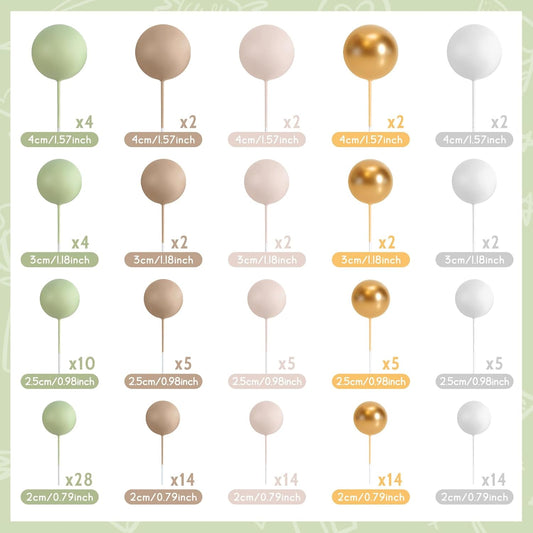 138 Pcs Balls Cake Topper Decorations Balloon Cupcake Toppers Foam Multisize Cake Topper Balls for Birthday Party Wedding Anniversary(Assorted Brown,Matcha Green,Khaki)