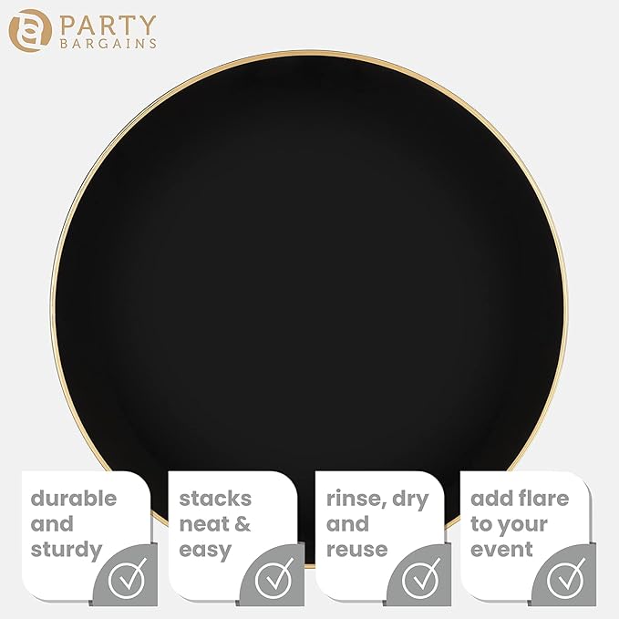 PARTY BARGAINS 13-Inch Charger Plates - 8 Pack, Organic Collection Black Gold Rim, Heavy-Duty Disposable Chargers for Elegant Dining - Ideal for Weddings and Formal Events