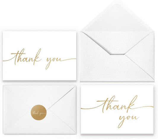 Thank You Cards with Envelopes & Stickers, Matte Gold Foil Cards Bulk Pack of 100, 4x6 Inch Minimalistic Design, Suitable for Business, Wedding, Small Business, Graduation, Bridal Shower, Funeral
