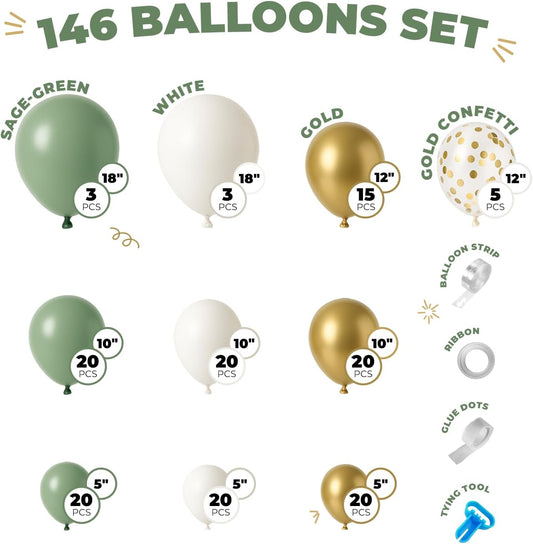 Balloon Garland Arch Kit – 146 Pcs Sage Green, White, Metallic Gold & Confetti Balloons for Baby Shower, Birthday, Gender Reveal, Wedding Party – DIY Kit by Vellax™