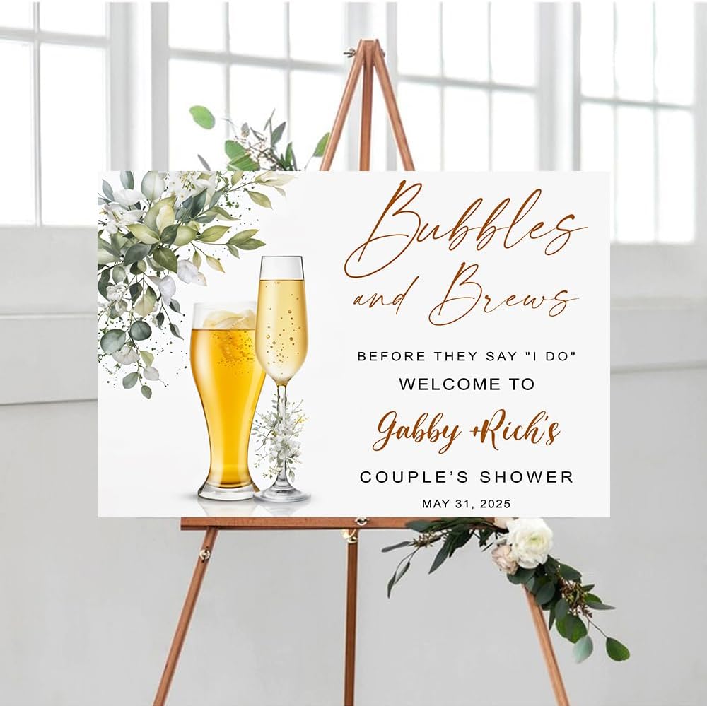 Personalized Greenery Eucalyptus Bubbles and Brews Couples Shower Welcome Sign, Gold Modern Minimalist Wedding Shower Bridal Party Decoration, Outdoor Plastic Sign Weatherproof #6