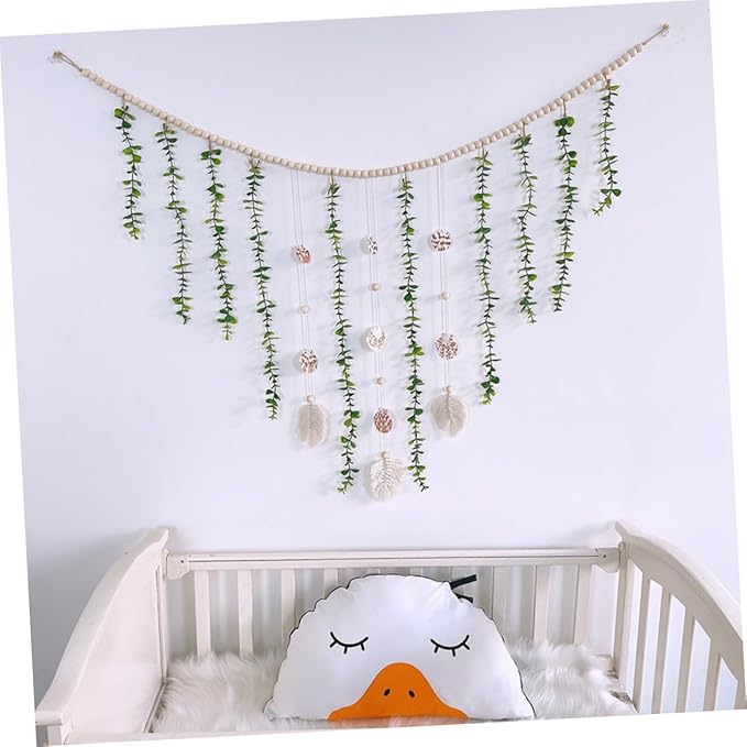 Wooden Bead Hanging Garland with Simulated Eucalyptus Leaves and Shells Lightweight Pastoral Wall Decor for Home Party Window Bedpost Shelf Photo Prop Boho Rustic Style