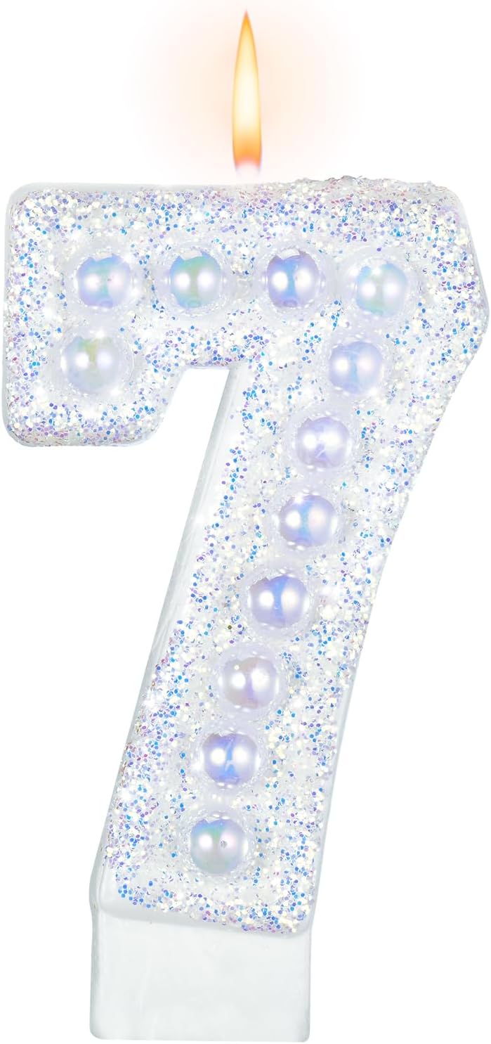 Birthday Candles, Number 7 Birthday Candle for Cake, Birthday Candles Sparklers with Holographic Colored Pearls, 3.35" Large Pearl Candles for Seven Sweet Birthday Party Decoration Supplies
