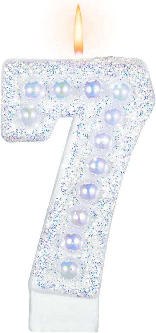 Birthday Candles, Number 7 Birthday Candle for Cake, Birthday Candles Sparklers with Holographic Colored Pearls, 3.35" Large Pearl Candles for Seven Sweet Birthday Party Decoration Supplies