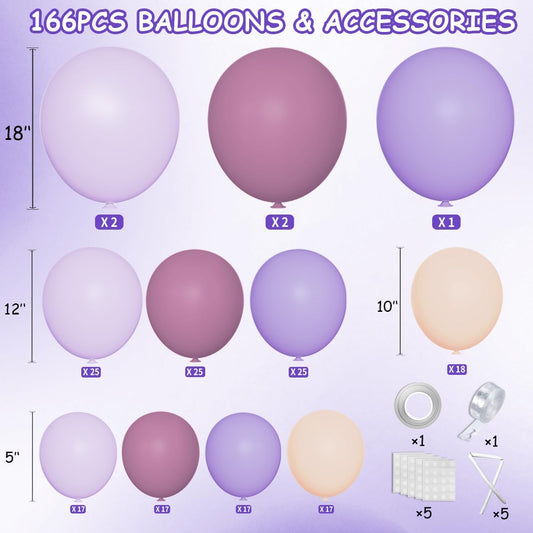 Dusty Purple Balloon Garland Kit, 166Pcs Pastel Lavender and Macaron Orange Balloons for Girls Women Princess Wedding Baby Shower Birthday Party Decorations Supplies
