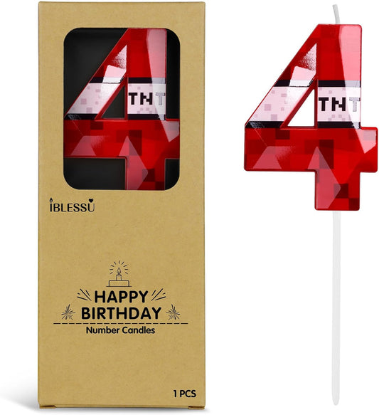 Pixel Birthday Candle, 2.68 Inch Miner Number Candles, Game Themed Candle Birthday Decoration for Pixel Theme Birthday Anniversary Dynamite Video Game Party (Red, 4)