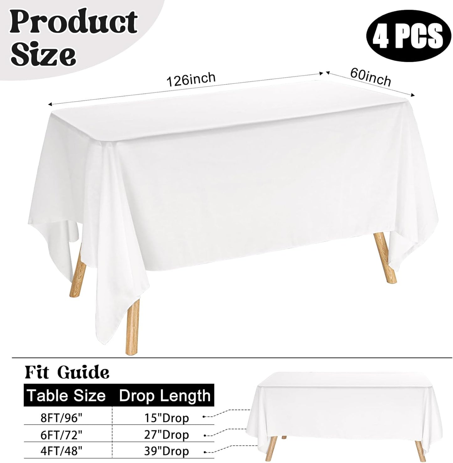 4 Pack Rectangle Tablecloth 60x126 Inch White Washable Polyester Table Cover for Wedding Dining Table Buffet Parties Banquet Decoration（White）