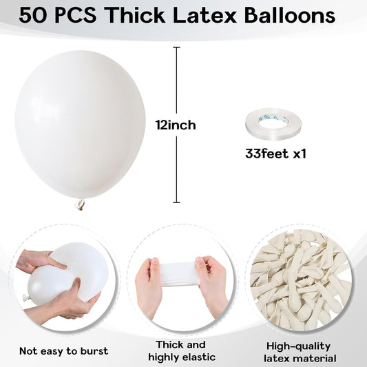 White Balloons 12 Inch, 50Pcs Matte Latex for Arch Party Helium Decorations - Birthday, Wedding, Baby Shower, Graduation, Anniversary
