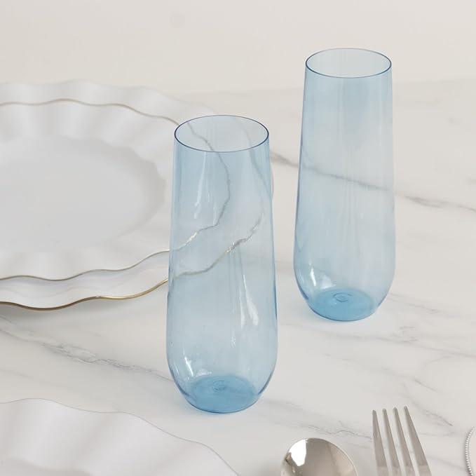 Efavormart 12 Pack Plastic Champagne Flutes in Transparent Blue, Reusable Lightweight Champagne Glass 9oz