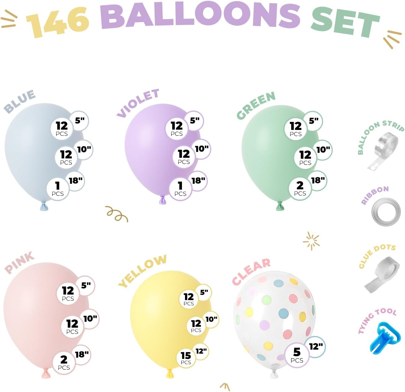 Balloon Garland Arch Kit – 146 Pcs Pastel Green, Blue, Violeet, Pink, Yellow & Confetti Balloons for Baby Shower, Birthday, Gender Reveal, Wedding Party – DIY Kit by Vellax™