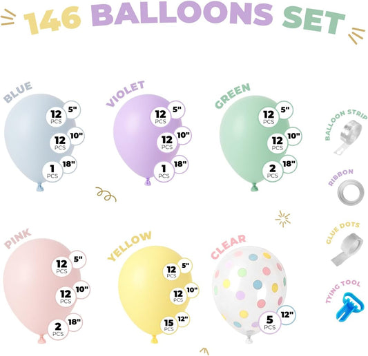 Balloon Garland Arch Kit – 146 Pcs Pastel Green, Blue, Violeet, Pink, Yellow & Confetti Balloons for Baby Shower, Birthday, Gender Reveal, Wedding Party – DIY Kit by Vellax™