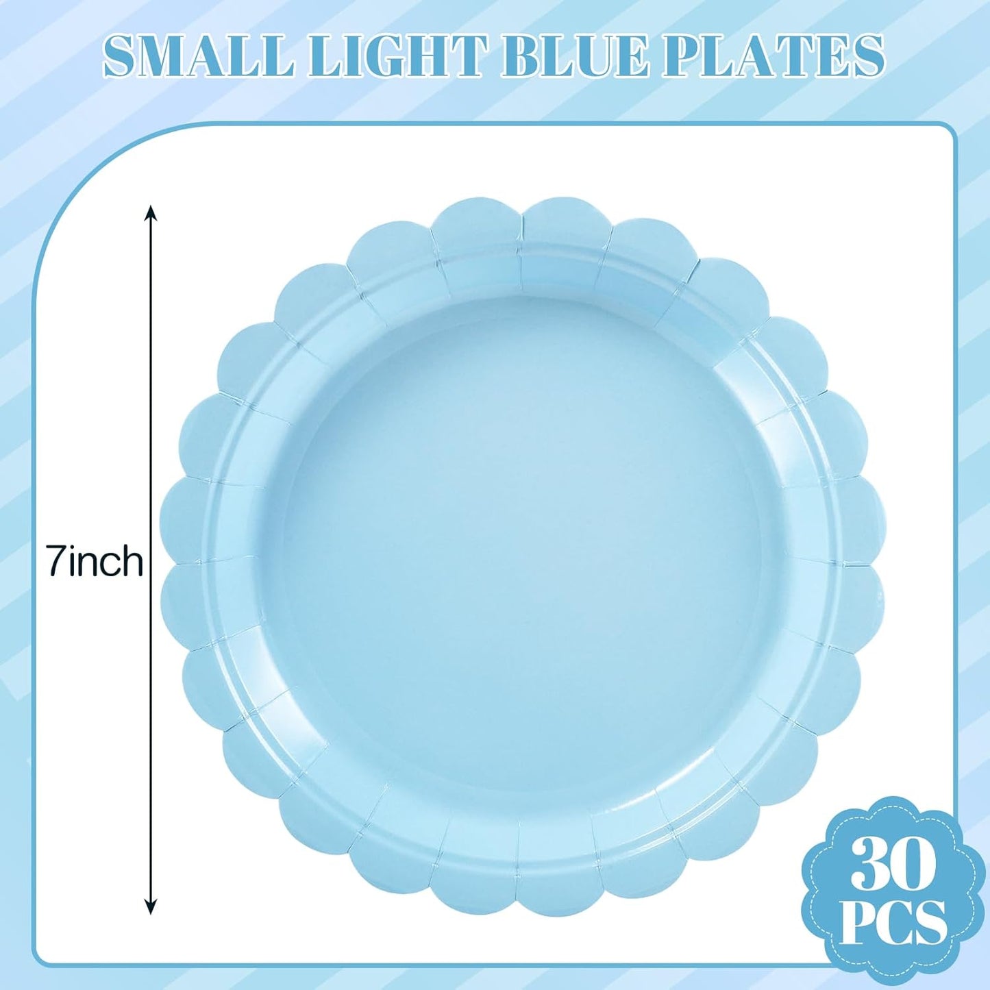 30 Pcs Dessert Plates Disposable, 7 Inch Light Blue Cake Plates Scalloped Small Appetizer Birthday Plate Cute Baby Blue Paper Plate for Boy Baby Shower, Birthday, Wedding
