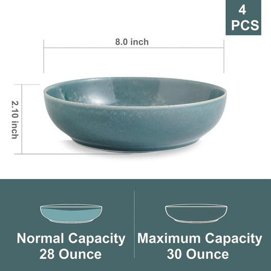 30oz Ceramic bowls set of 4-8" serving bowls for Kitchen,Pasta,Salad-Dishwasher & Microwave Safe Perfect for Housewarming, Thanksgiving, Christmas-Teal Green
