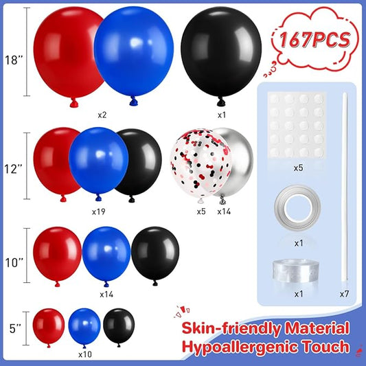 Red Black Blue Silver Balloons Garland Arch Kit, 167Pcs Latex Balloons Different Sizes 18 12 10 5 inch for Birthday Graduation Baby Shower Spider Theme Party Decorations