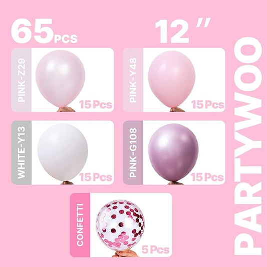 PartyWoo Pink and White Balloons 65pcs 12 Inch Light Pastel Baby Metallic Pearl Pink Matte White Confetti Balloons for Gender Reveal Wedding Bridal Girl Baby Shower Princess Birthday Party Decorations