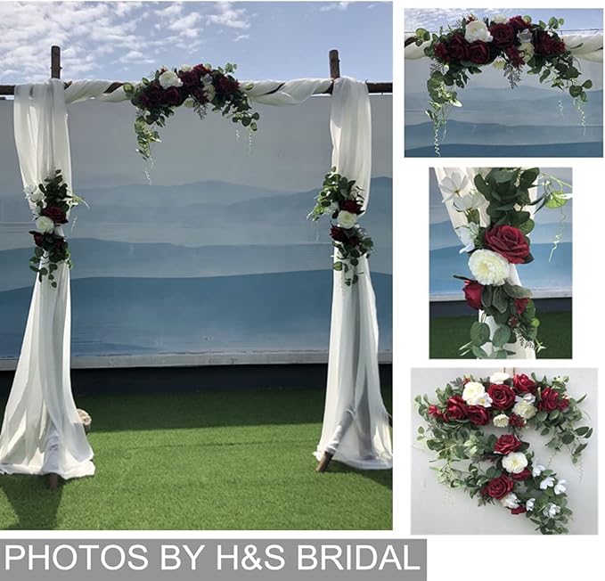Wedding Arch Flowers,3Pcs Set White Rose Decorative Floral Swags, Artificial Greenery Eucalyptus Leaves Flower For Sheer Drapes, Wedding Chair, Arbor, Wedding Ceremony and Reception Arrangement