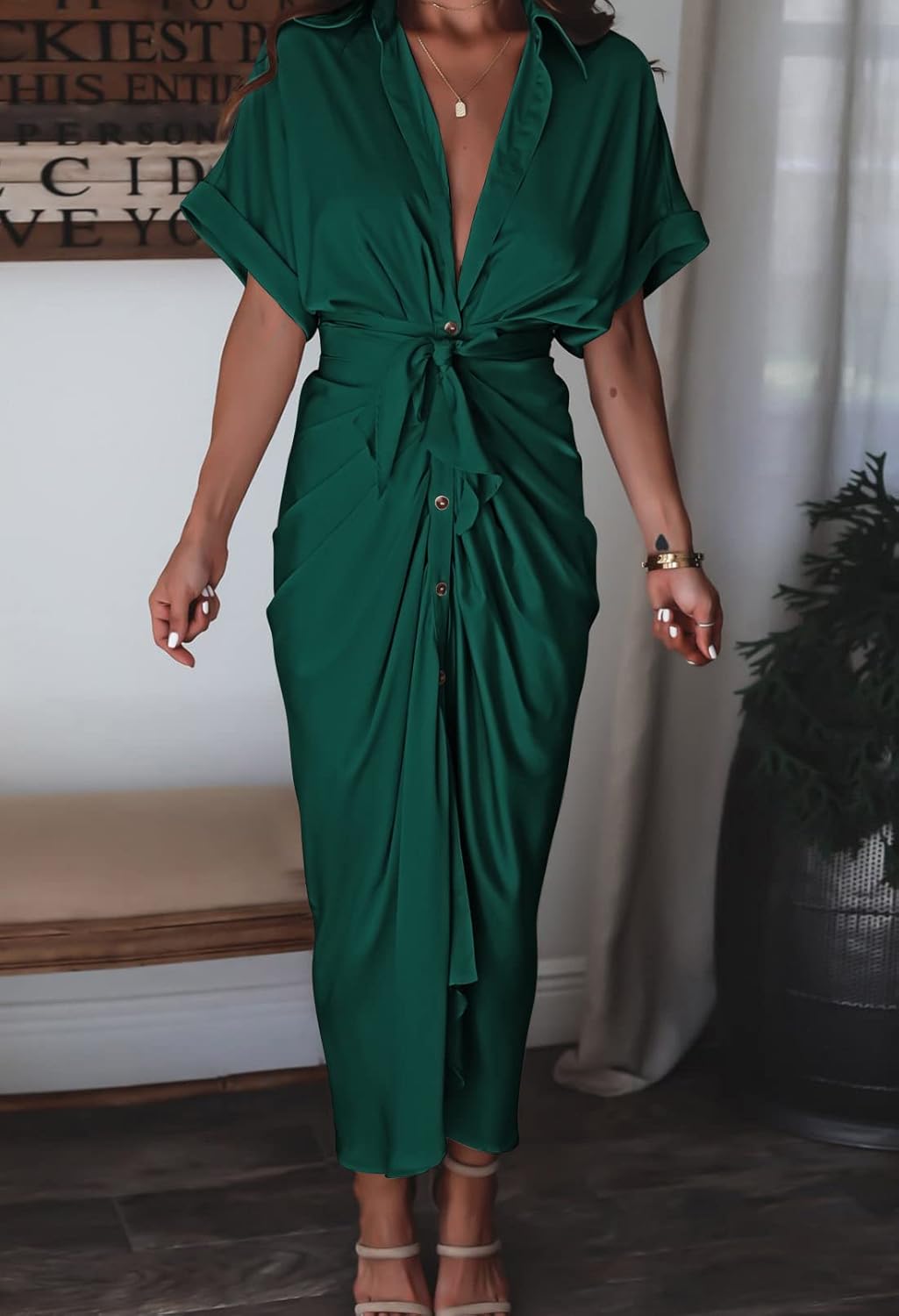 Women Elegant Satin Button Down Short Sleeve Maxi Shirt Dress with Belt