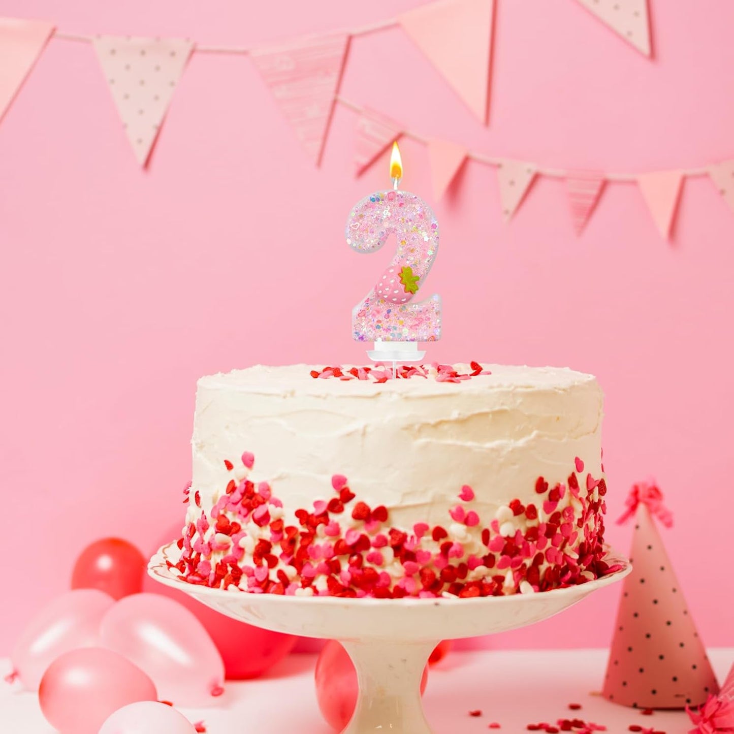 HXOUSE Strawberry Number 2 Birthday Candles - Pink Berry Birthday Candles for Cake, 2 Candle Topper for Anniversary Celebrations Supplies, Strawberry Party Decorations for Girl (No.2)