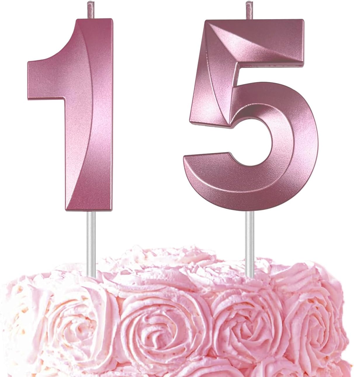 Pink Number 15 Candles, 3D Diamond 2.76 Inch Cake Topper Birthday Candles for Wedding Anniversary Cake Decorations, Happy Birthday Party Decorations