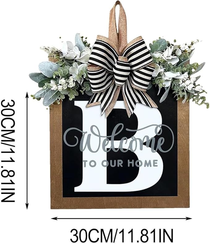 Last Name All Year Round Front Door Wreath with 26 Initial Letter Welcome Sign All Seasons Eucalyptus Garland and Bow ，Farmhouse, Porch, for Spring Summer Fall All Seasons Holiday Halloween Christmas. (B)