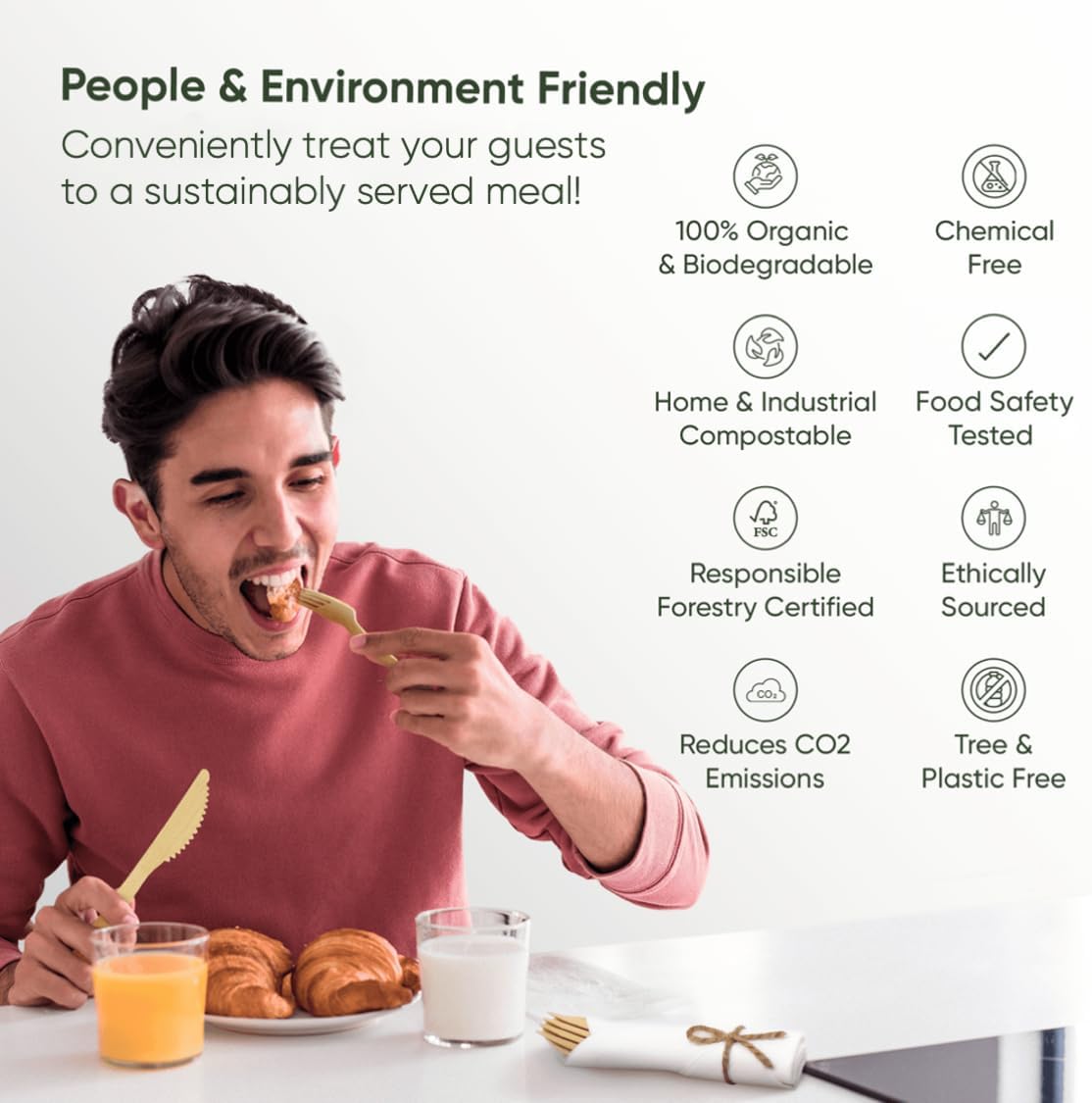 Premium Pre-Rolled Napkin and Bamboo Cutlery Set (100 Pack, 400 PCS) 100% Biodegradable, Eco-Friendly, Disposable Wrapped Cutlery - Includes Pre-Wrapped Bamboo Forks, Knives, Spoons, Napkins