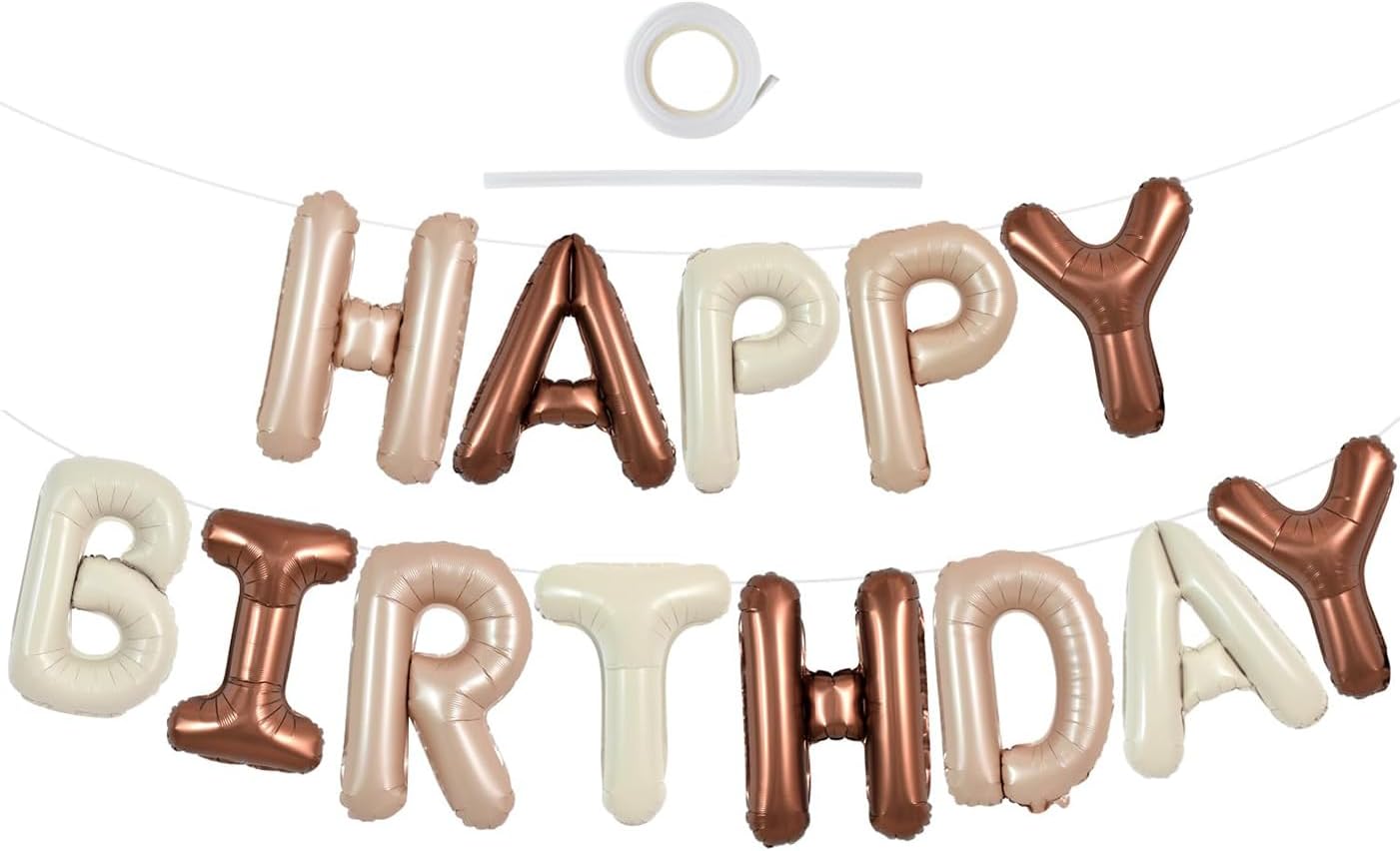 TONIFUL 16 Inch Happy Birthday Decorations Happy Birthday Balloon Banner with Star Balloons Mylar Foil Birthday Party Decorations Supplies（Light Brown Cream Chocolate ）